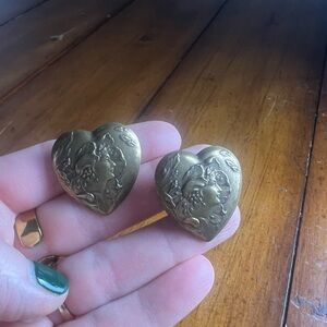 Vintage Jewelry - Art Nouveau Lady Heart Shaped Brass Clip On Earrings
-1.25"